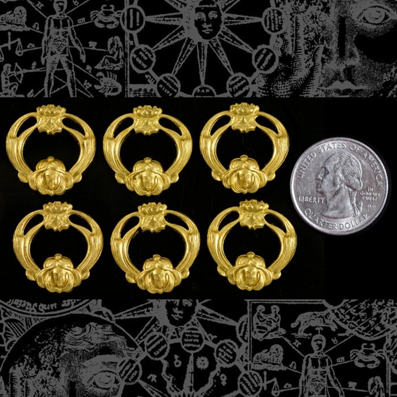 Raw Brass Art Deco Maiden and Water Lily Two Way Connectors - Set of Six - XXX - B-2C53